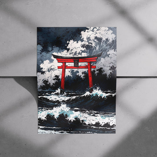 Torii Gate in Ocean Waves Poster