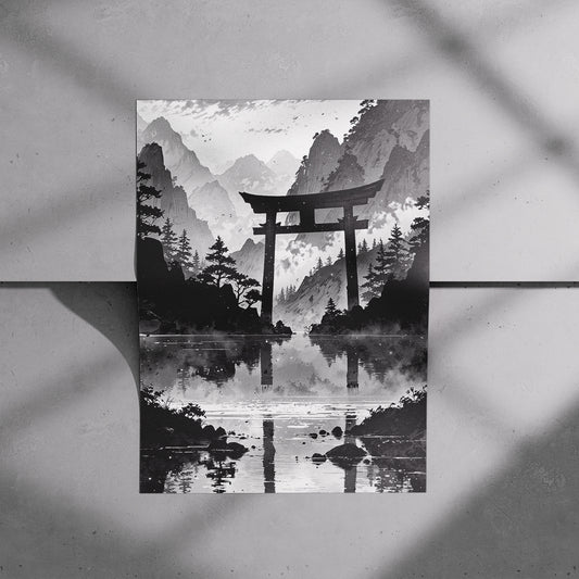 Torii Reflections in Misty Mountains Poster