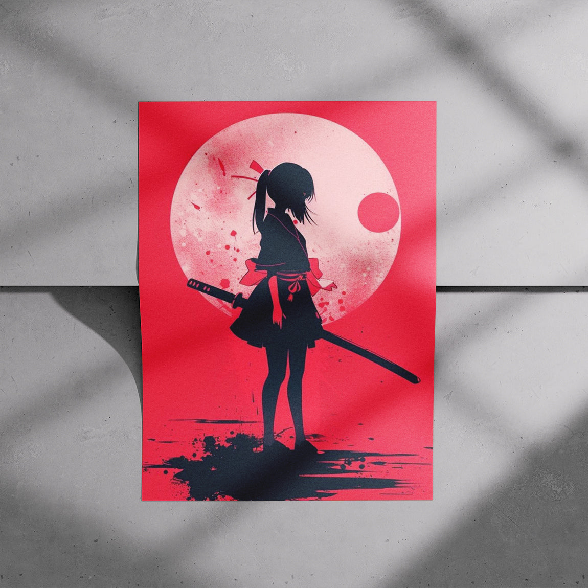Red Samurai Girl Silhouette Poster