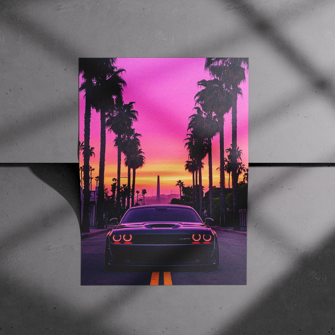 Dodge Challenger Palm Sunset Poster