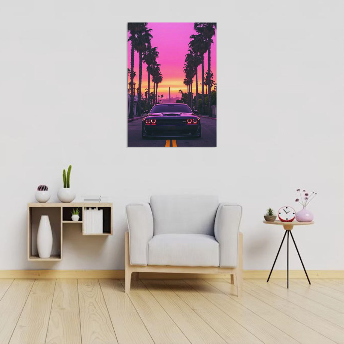 Dodge Challenger Palm Sunset Poster